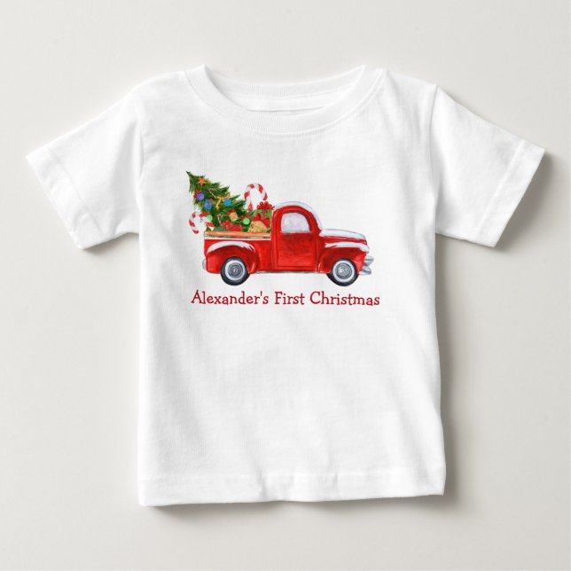 Baby First Christmas Truck Candy Canes Red Baby T-Shirt (Front)