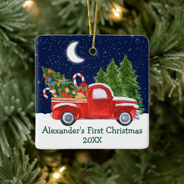 Baby First Christmas Truck Forest Stars Ceramic Ornament (Tree)