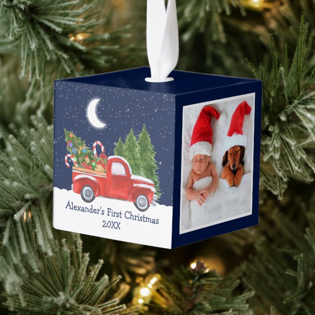 Baby First Christmas Truck Forest Stars Sky Photo Cube Ornament (Tree)