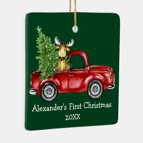 Baby First Christmas Truck Moose Green PHOTO BACK Ceramic Ornament