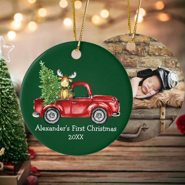 Baby First Christmas Truck Moose PHOTO BACK Green Ceramic Ornament (Customize with name, year and photo on back.)