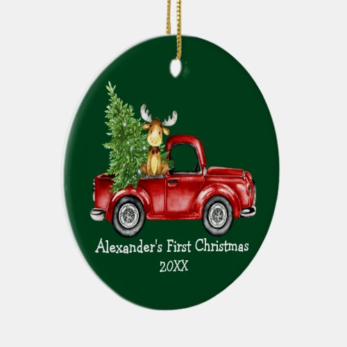 Baby First Christmas Truck Moose PHOTO BACK Green Ceramic Ornament