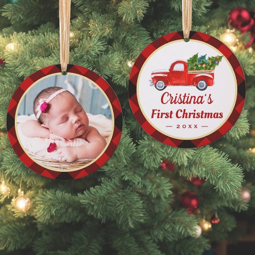 Baby First Christmas Truck Red Plaid Photo Ornament