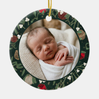 Baby First Christmas Vintage Green Floral Photo Ceramic Ornament