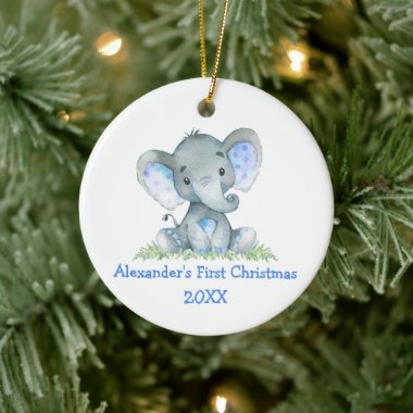 Baby First Christmas Watercolor Blue Elephant Ceramic Ornament
