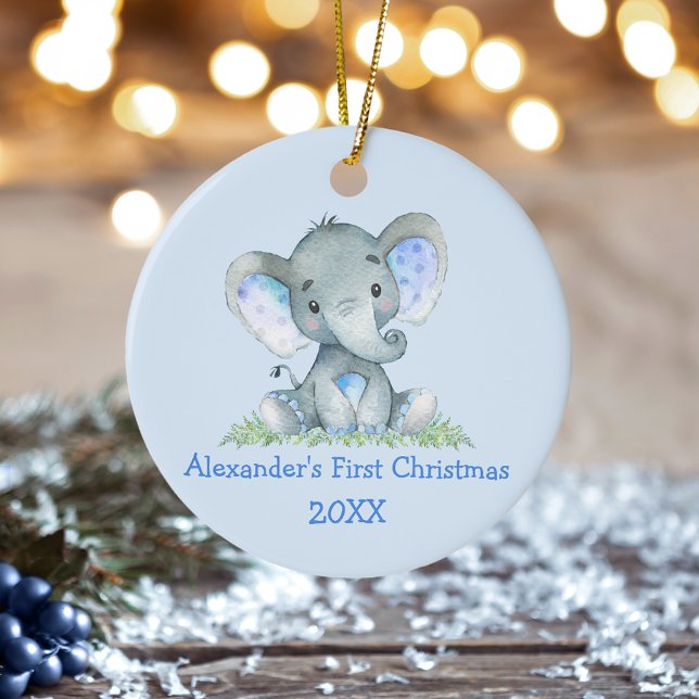 Baby First Christmas Watercolor Elephant Blue Ceramic Ornament (Customize with name and year.)