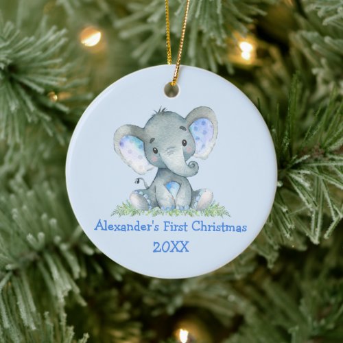 Baby First Christmas Watercolor Elephant Blue Ceramic Ornament