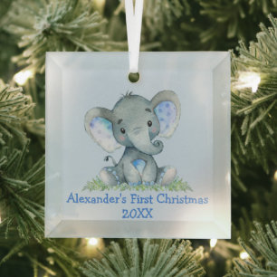 Baby First Christmas Watercolor Elephant Blue Glass Ornament