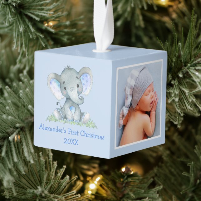 Baby First Christmas Watercolor Elephant Photo Cube Ornament (Tree)