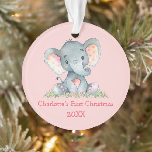 Baby First Christmas Watercolor Elephant Pink Ornament