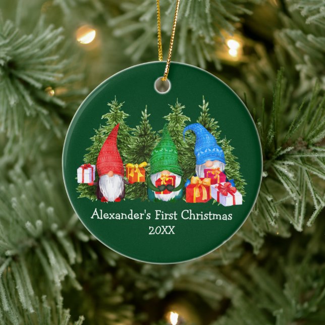 Baby First Christmas Watercolor Gnomes Green Ceramic Ornament (Tree)