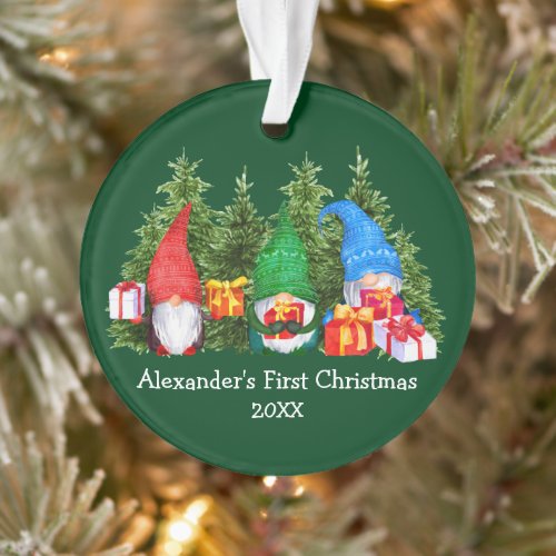 Baby First Christmas Watercolor Gnomes Green Ornament