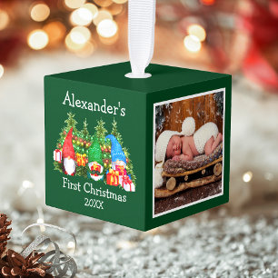 Baby First Christmas Watercolor Gnomes Photo Cube Ornament
