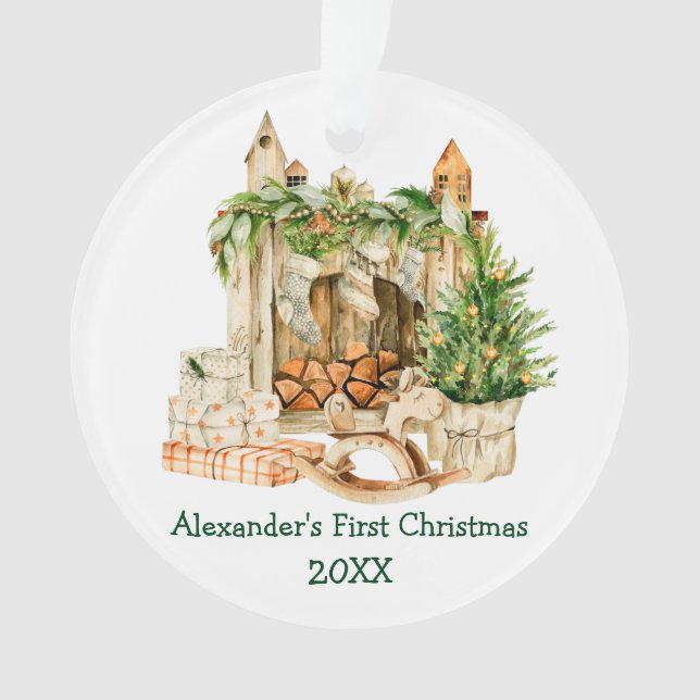 Baby First Christmas Watercolor Pine Ornament (Front)