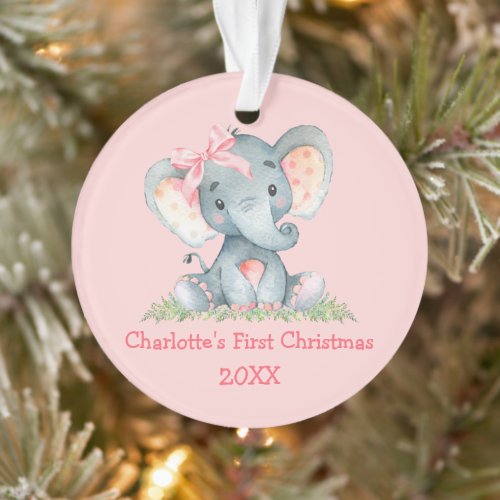 Baby First Christmas Watercolor Pink Bow Elephant  Ornament
