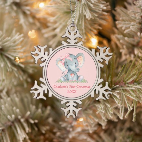 Baby First Christmas Watercolor Pink Bow Elephant  Snowflake Pewter Christmas Ornament