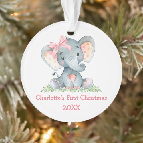 Baby First Christmas Watercolor Pink Elephant Bow Ornament