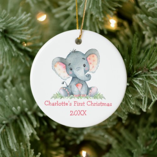 Baby First Christmas Watercolor Pink Elephant Ceramic Ornament