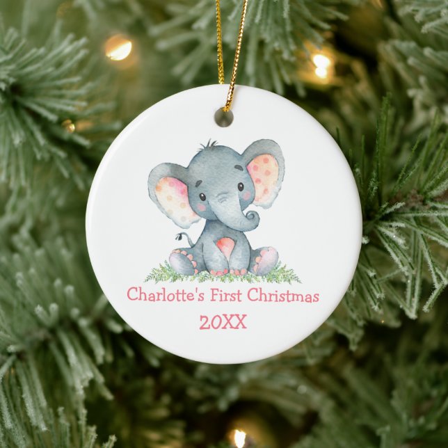 Baby First Christmas Watercolor Pink Elephant Ceramic Ornament (Tree)