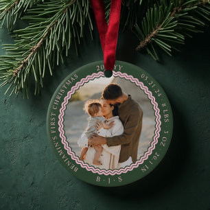 Baby First Christmas Wavy Modern Minimal 2 Photo Ceramic Ornament