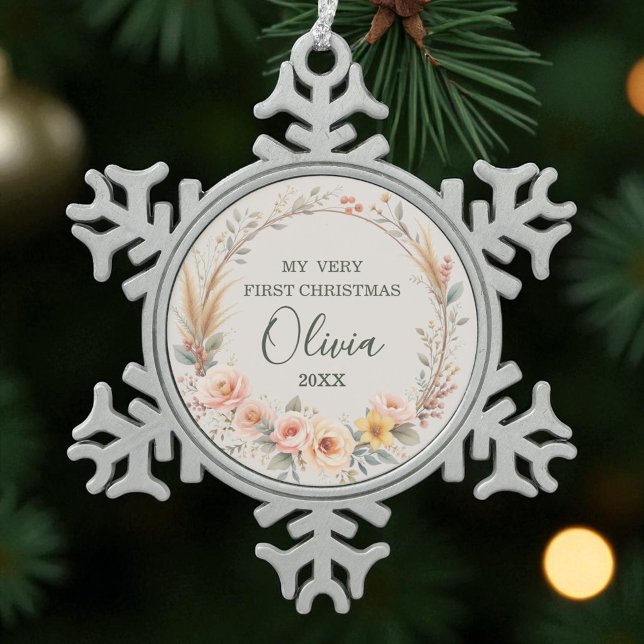  Baby First Christmas Wildflower Boho Personalize Snowflake Pewter Christmas Ornament (Creator Uploaded)