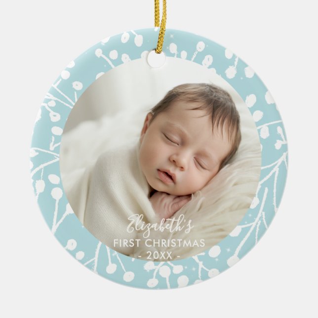 Baby First Christmas Winter Botanical Berries Blue Ceramic Ornament (Front)