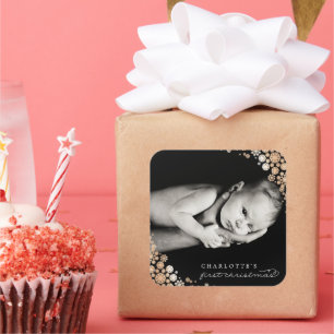 Baby First Christmas Winter Snowflakes Photo Birth Square Sticker