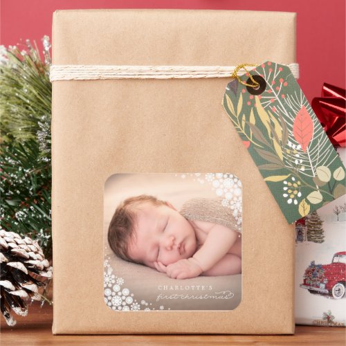 Baby First Christmas Winter Snowflakes Photo Birth Square Sticker