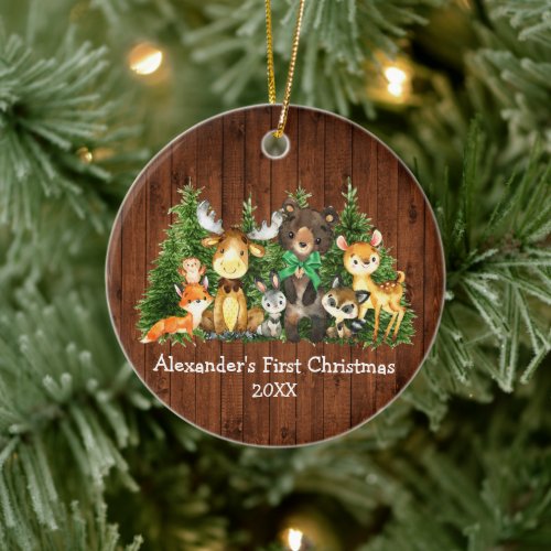 Baby First Christmas Wood Forest Animals Green Bow Ceramic Ornament