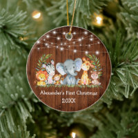 Baby First Christmas Wood Lights Safari Animals Ceramic Ornament