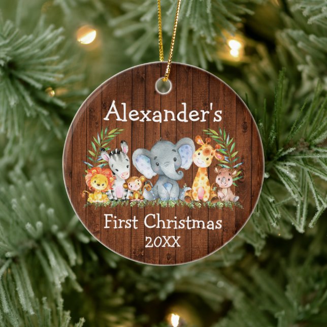 Baby First Christmas Wood Safari Animals Round Ceramic Ornament (Tree)