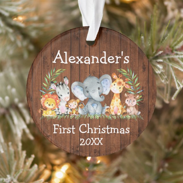 Baby First Christmas Wood Safari Animals Round Ornament (Tree)