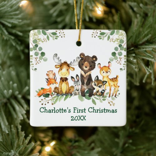 Baby First Christmas Woodland Animals Greenery Ceramic Ornament