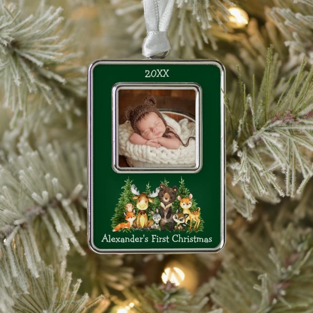 Baby First Christmas Woodland Animals Photo Ornament (Tree)