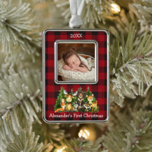 Baby First Christmas Woodland Animals Photo Plaid Ornament