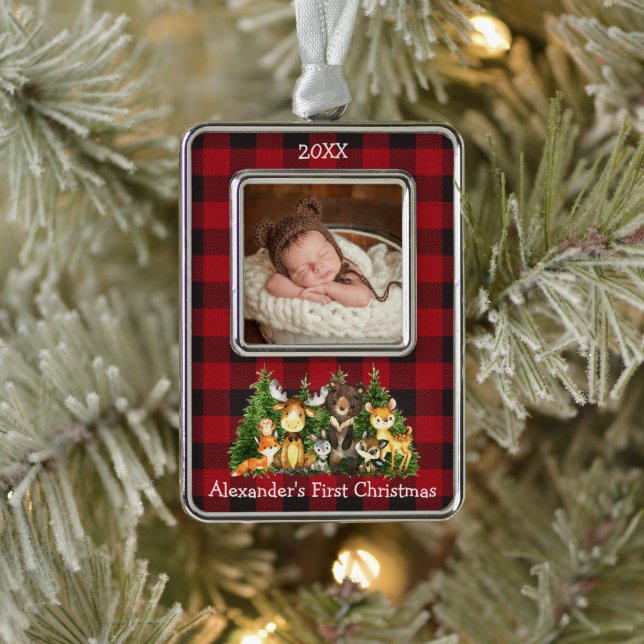 Baby First Christmas Woodland Animals Photo Plaid Ornament (Tree)