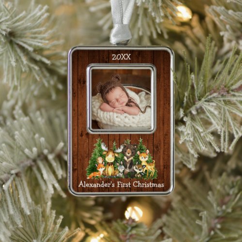 Baby First Christmas Woodland Animals Photo Rustic Christmas Ornament
