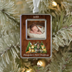 Baby First Christmas Woodland Animals Photo Rustic Ornament