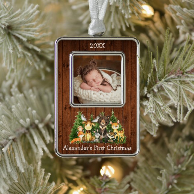Baby First Christmas Woodland Animals Photo Rustic Ornament (Tree)