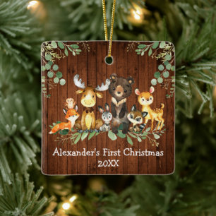 Baby First Christmas Woodland Animals Rustic Ceramic Ornament