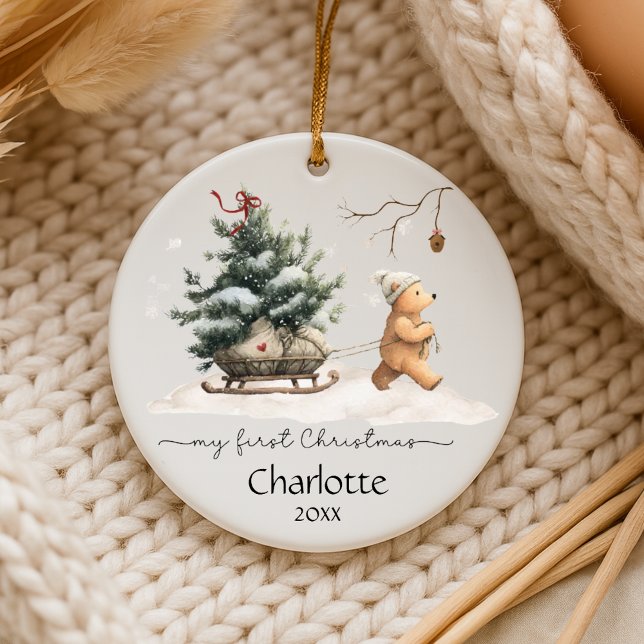 Baby First Christmas Woodland Bear Ceramic Ornament (Personalize baby first Christmas with this heartwarming bear in the woods.)