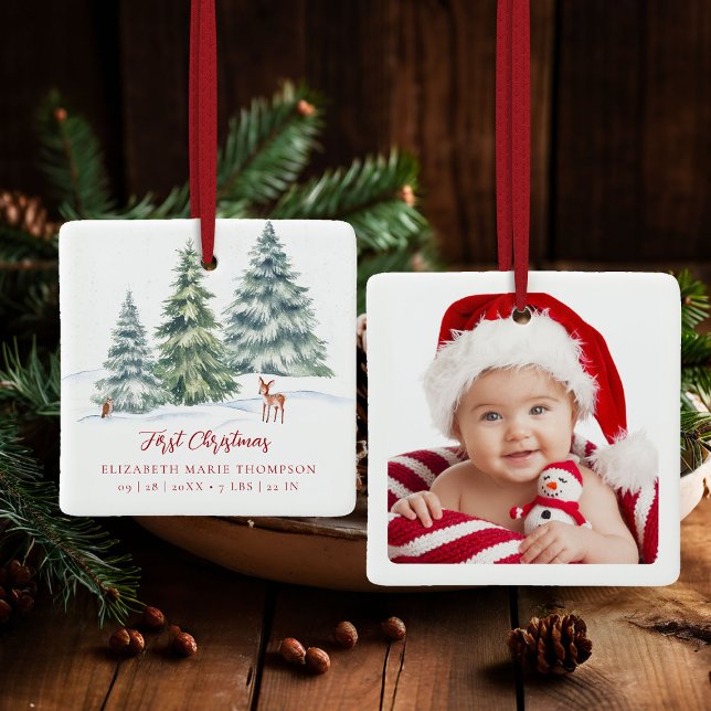 Baby First Christmas Woodland Deer Owl Photo  Ceramic Ornament (baby first christmas ornament woodland deer owl winter wonderland photo template red calligraphy)