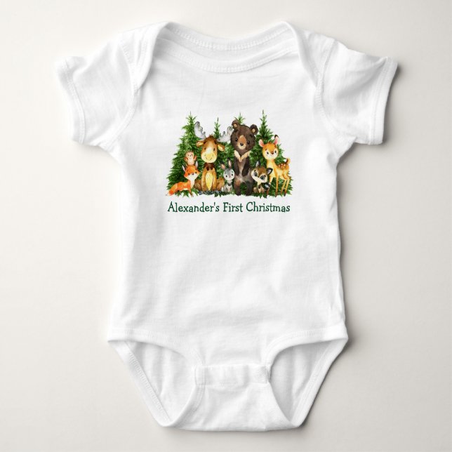 Baby First Christmas Woodland Forest Animals Baby Bodysuit (Front)