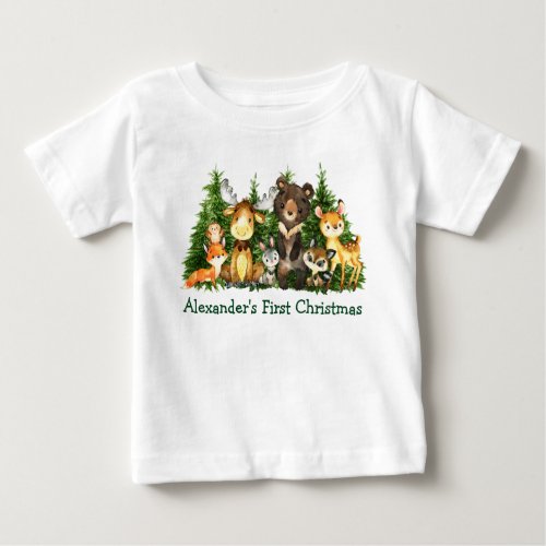 Baby First Christmas Woodland Forest Animals Baby T_Shirt