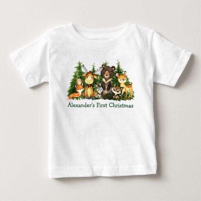 Baby First Christmas Woodland Forest Animals Baby T-Shirt (Front)