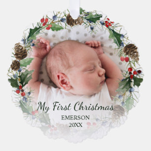 Baby First Christmas Wreath 2 Photo Ornament Card