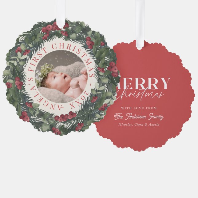 Baby First Christmas Wreath Red Holiday Photo Ornament Card (Front/Back)