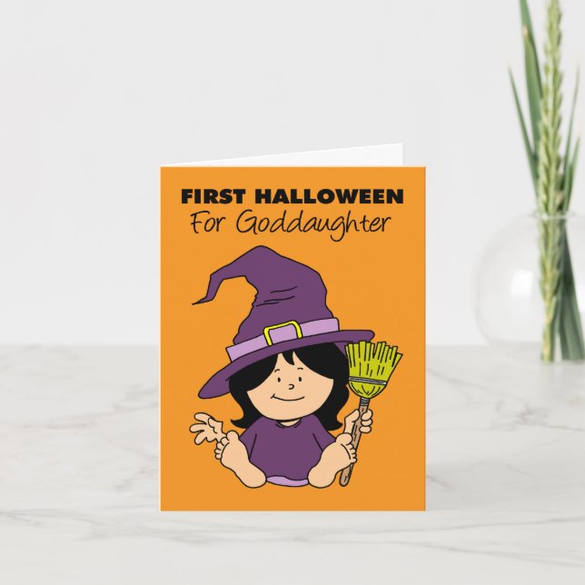 Baby First Halloween Goddaughter Cartoon Witch Holiday Card (Front)