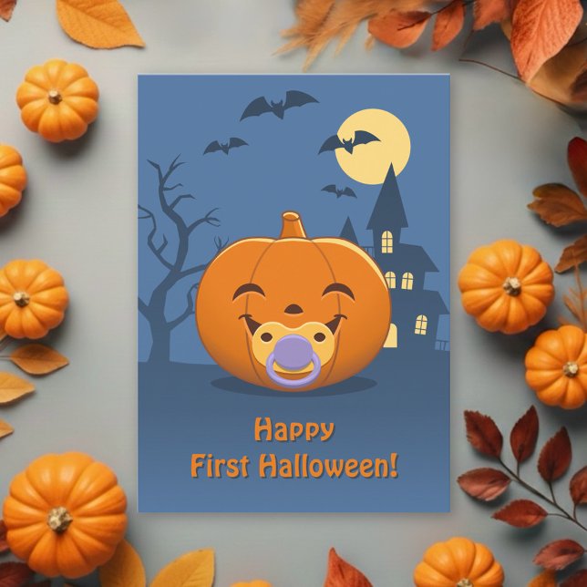 Baby First Halloween Pacifier Pumpkin Holiday Card (Creator Uploaded)