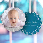 Baby First Hanukkah Photo Snowflakes Grandparents Ornament Card<br><div class="desc">“My first Hanukkah.” A playful visual of white Stars of David, snowflakes and handwritten script typography with customized name and year, overlaying the photo of your choice, help you usher in Hanukkah and New Year. On the back, additional white Stars of David, snowflakes and handwritten typography with “proud nana &...</div>